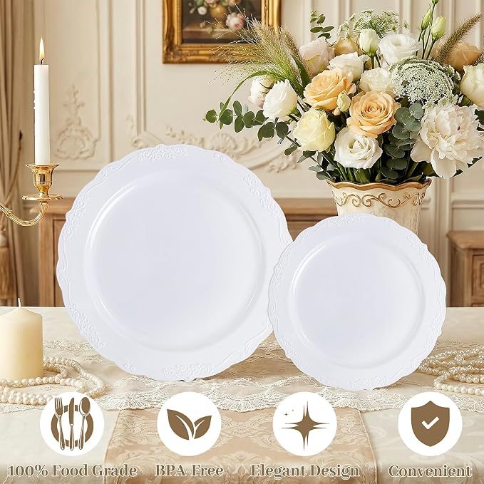 DaYammi 60PCS White Plastic Plates, Heavy Duty White Disposable Plates Premium - Image 7