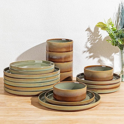TheTerra Ceramic Dinnerware Sets for 6, 18 Pieces Porcelain Lightweight Plates and Bowls Sets, Scratch Resistant Dish Set, Oven & Microwave & Dishwasher Safe, Sage Umber