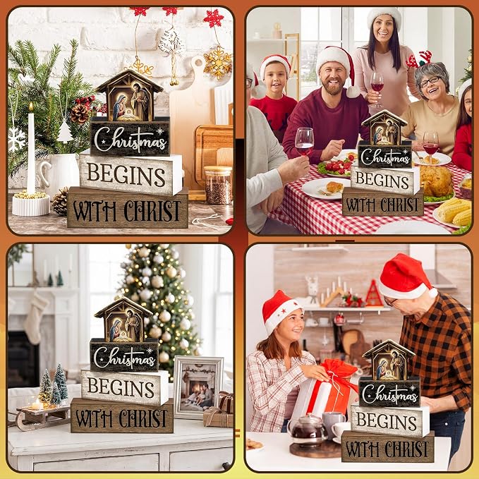 Moucuny 4 Pcs Christmas Table Decoration Christian Wooden Stacked Block Decor - Image 5
