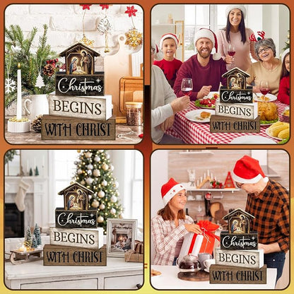 Moucuny 4 Pcs Christmas Table Decoration Christian Wooden Stacked Block Decor - Image 5