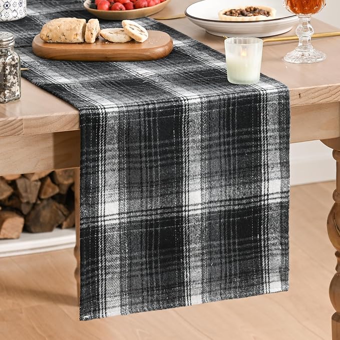 Artoid Mode Black Grey Farmhouse Plaid Table Runner, Halloween Rustic Holiday by ArtoidMode