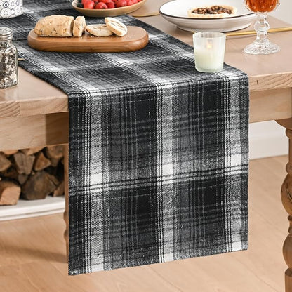 Artoid Mode Black Grey Farmhouse Plaid Table Runner, Halloween Rustic Holiday by ArtoidMode