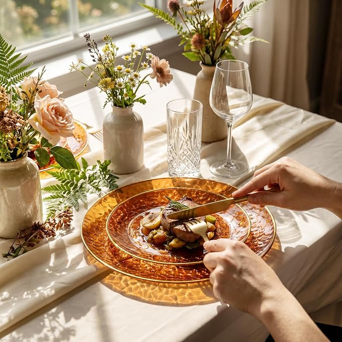 Rubtlamp 100Pcs Amber Gold Plastic Plates, Disposable Plates - Image 4