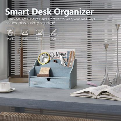 Rebee Vision Pine Wood Mail Organizer for Desk - Vintage Farmhouse Style Mail Organizer with Drawer & Dividers - 4-Slot Paper & Jewelry Sorter, Desktop Organizer for Exquisite Home Decor (Blue)