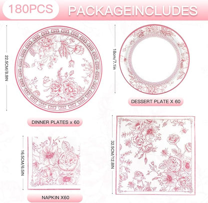 Pink White Floral Paper Plates and Napkins Party Supplies Serve 60 | 180PCS - Image 2
