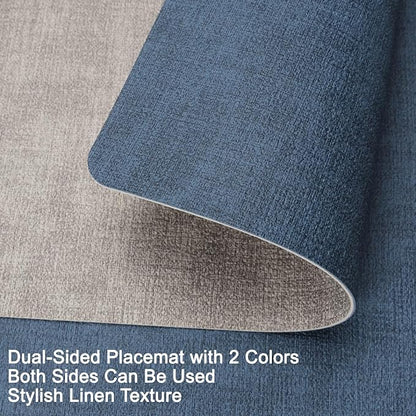 Myir JUN Reversible Vinyl Placemats Set of 8, Faux Leather Place Mats Dual Sided Waterproof Wipeable, Heat-Resistant Table Mats for Kitchen Dining Indoor Outdoor (12" x 17", Light Gray Navy Blue)