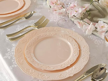 " OCCASIONS " 50 Plates Pack (25 Guests) Vintage Wedding Party Disposable Plastic Plate Set -25x10.25'' Dinner +25x7.5'' Salad/Dessert plates (Portofino in Blush/Antique Rose)