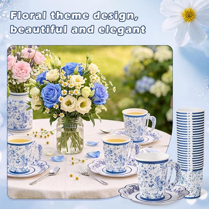 FillTouch 100 Sets Blue Floral Paper Tea Cups and Saucers Disposable Paper Tea - Image 6