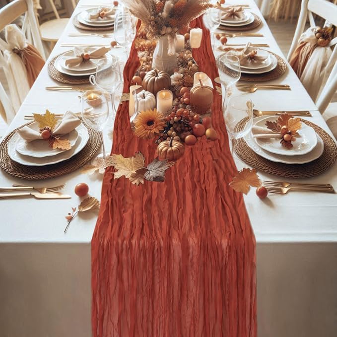 Snowkingdom 10 Ft Fall Thanksgiving Table Runner Terracotta Rust Cheesecloth - Image 3