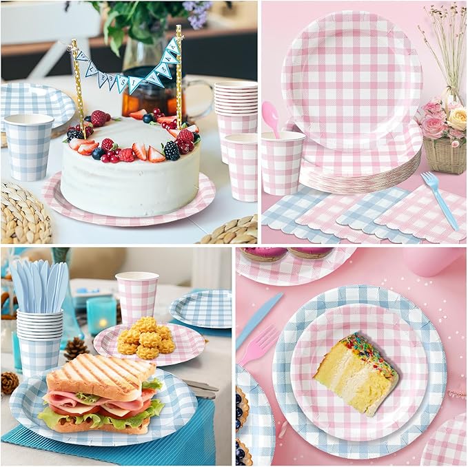 Vyntra 350 Pcs Pink & Blue Gingham Paper Plates and Napkins Set - Image 7