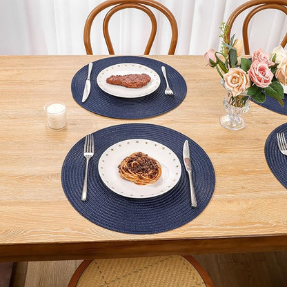 SHACOS Round Placemats Set of 6 Washable 15 inch Circle Cotton Polyester Woven Braided Place Mats for Dining Table Indoor Outdoor Table Mats Home Party Wedding Decor (Navy, 6)