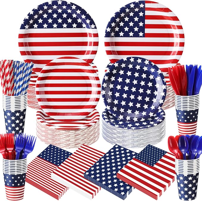 450 Pcs 4th of July Patriotic Tableware Set Decorations, Serves 50 | USA Red by Unknown