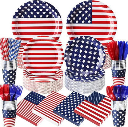 450 Pcs 4th of July Patriotic Tableware Set Decorations, Serves 50 | USA Red by Unknown