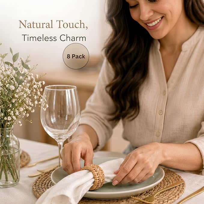 Woven Cane Napkin Rings for Table Settings, Textured Cane Napkin Holder Set of 8 - Image 8