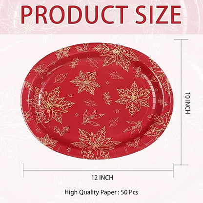 50Pcs Christmas Oval Paper Plates 10" x 12" Large Disposable Heavy Duty Red Gold Flower Poinsettia Paper Platters Xmas Poinsettia Themed Dessert Plates for Christmas Winter Holiday Party Supplies