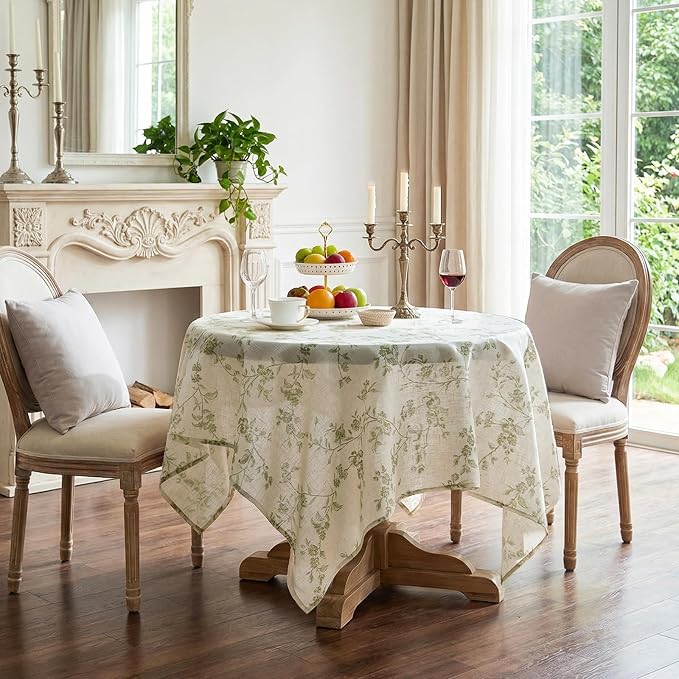jinchan Green Farmhouse Floral Linen Square Table Cloth 52 x 52 Inch | by JINCHAN