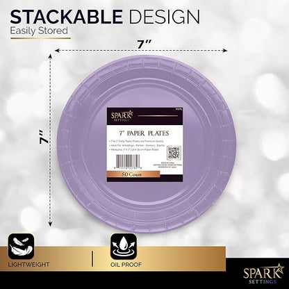 Disposable Paper Plates Lavender, 7 Inch Paper Dessert Plates, Strong and Sturdy Disposable Plate for Party, Dinner, Holiday, Picnic, or Travel Party Plate, Pack of 50