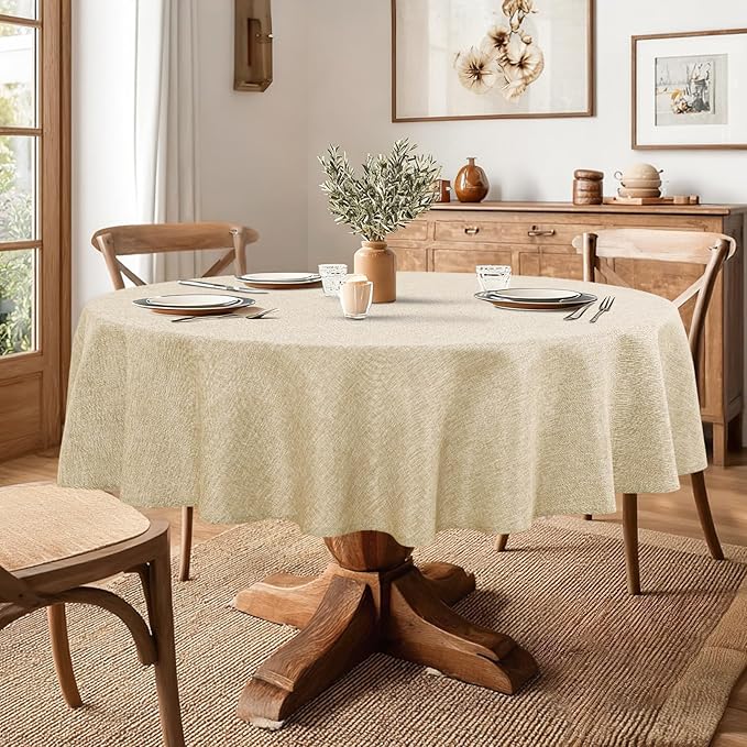 JIUZHEN Round Table Cloth Faux Linen Farmhouse Tablecloth Wrinkle and Stain Resistant Decorative Fabric Table Cover for Kitchen, Dining Room, Parties and Camping, Beige, 70 Inch Round