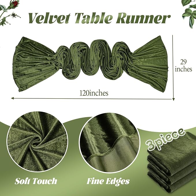 Olive Green Velvet Table Runner 29x120 Inch 10ft Long Soft Velvet Fabric | 3 - Image 5