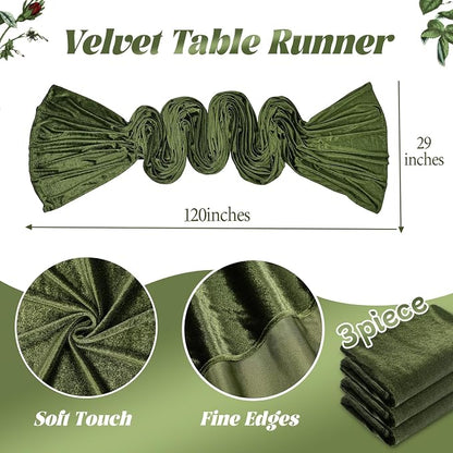 Olive Green Velvet Table Runner 29x120 Inch 10ft Long Soft Velvet Fabric | 3 - Image 5
