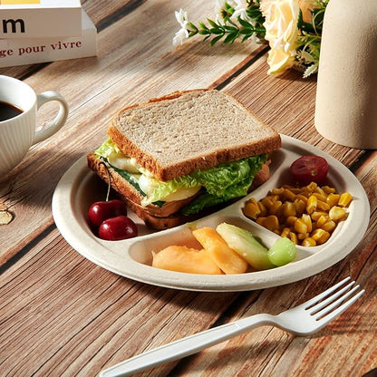 Vplus 100% Compostable Paper Plates, 125 Pack 9 Inch 3 Compartment Plates Disposable, Heavy Duty Biodegradable Plates Made of Sugar Cane Fibers, for Daily meals, Dinner, Parties, BBQ