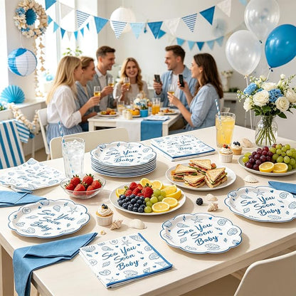Whaline 72Pcs Sea You Soon Baby Tableware, Plate Napkin Set, Serves 24 | 9" & - Image 7