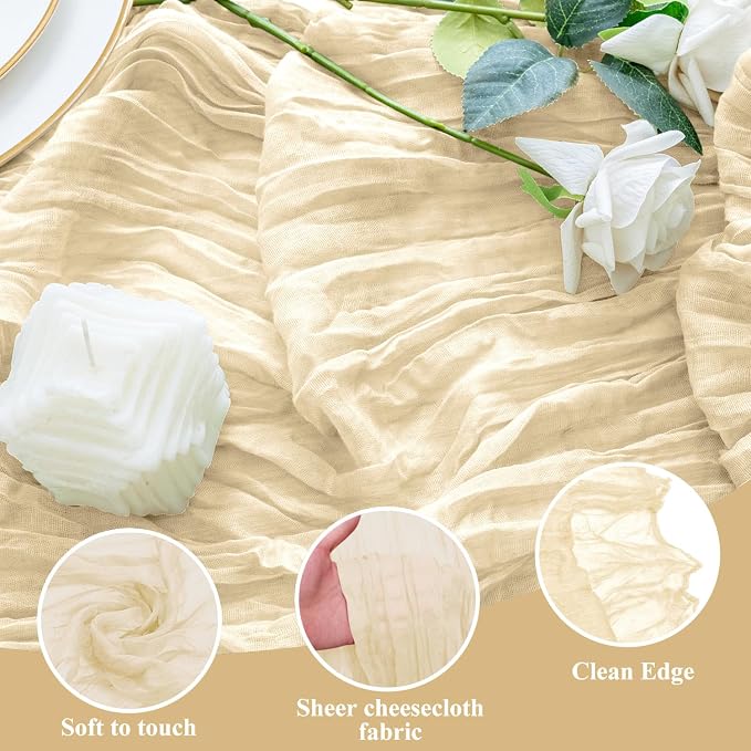 Cheesecloth Table Runner 10FT 12Pcs Beige Boho Gauze Rustic Sheer Runners | - Image 3