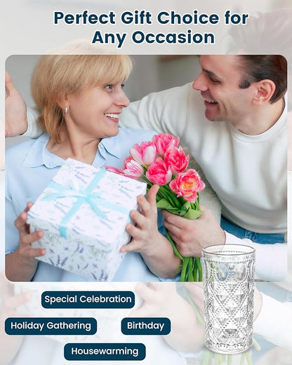 Vintage Diamond-Pattern Drinking Glasses Set of 6 – 14 oz Clear Highball Glass Cups – Embossed Retro Glassware for Water, Cocktails, Juice, Milk – Durable Thick Glass, Dishwasher Safe