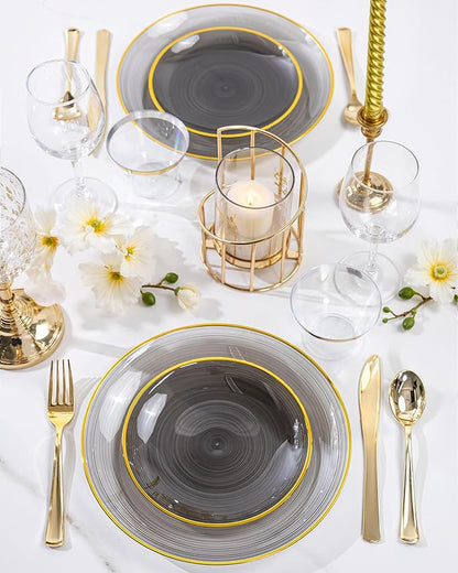 Morejoy 100Pcs Black Plastic Plates,Black Disposable Plates With Gold Rim,Heavy-duty Gold Plate, Modern swirl design Plate Include 50Clear Dessert-plates,50Dinner-plates for Party,New Year