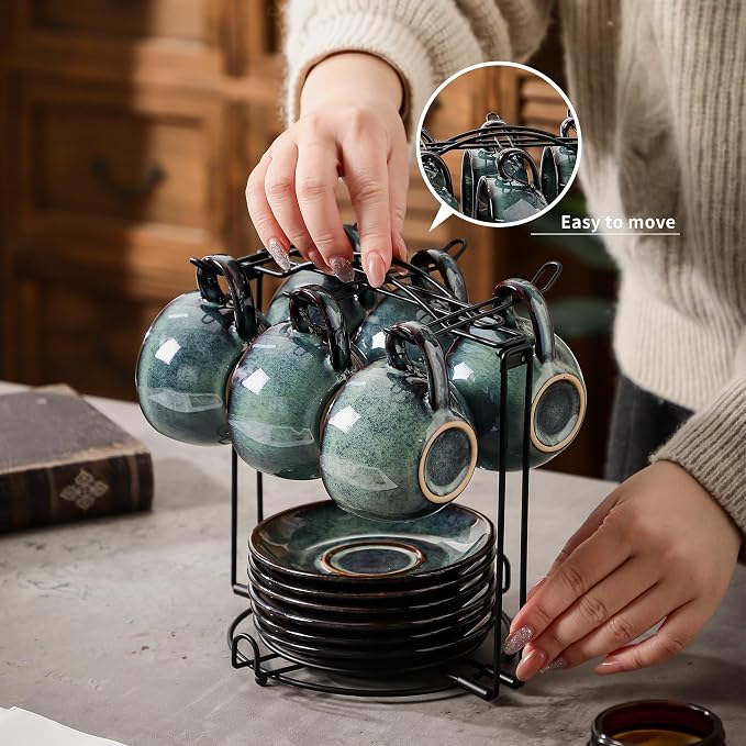6 sets of 4OZ green coffee cup saucer sets, ceramic coffee cups - Image 5