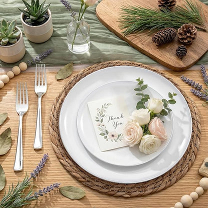 KIRE 200PCS Silver Plastic Plates - White Plastic Plates with Silver Rim Include 100 Dinner Plate and 100 for Dessert/Salad Plate for Birthday/Wedding/Party for Christmas