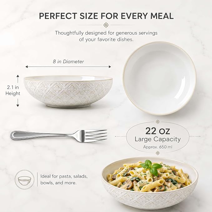 22 Oz Pasta Bowls Set of 4, Ceramic Soup Bowls, 8 inch Large Serving Bowl - Image 4