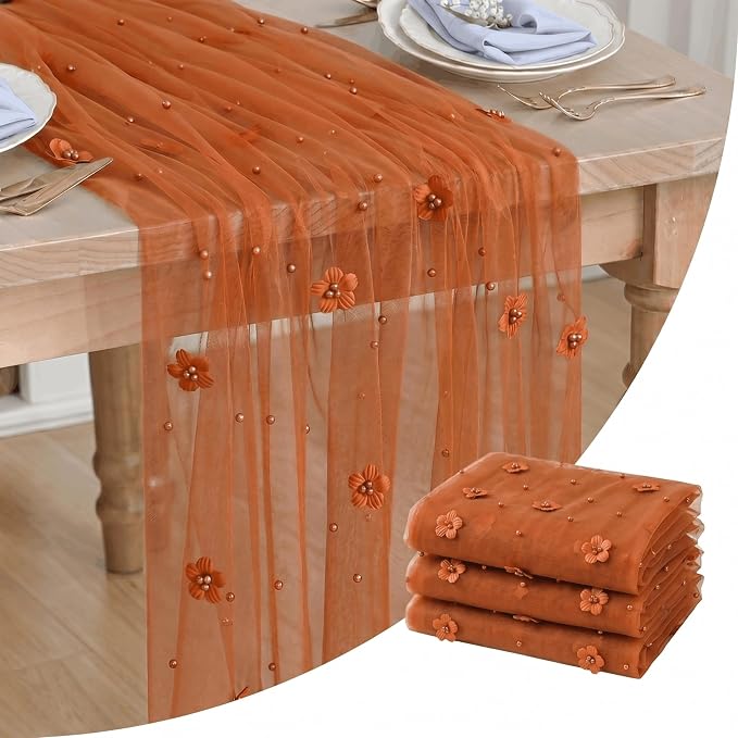 Artoid Mode Caramel Flower Pearl Pink Gauze Table Runner 10FT 3PC, Seasonal by ArtoidMode
