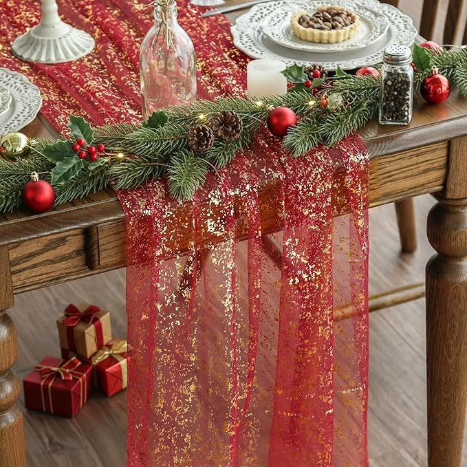 Artoid Mode Red Gold Gauze Table Runner 59x120 Inch 10FT, Glitter Metallic Foil Sheer Dining Wedding Anniversary Holiday Table Decor for Home Party
