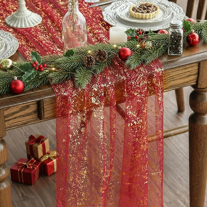 Artoid Mode Red Gold Gauze Table Runner 59x120 Inch 10FT, Glitter Metallic Foil Sheer Dining Wedding Anniversary Holiday Table Decor for Home Party