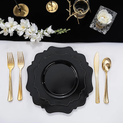 COLOSUS 100pcs Black Plastic Plates - Heavy Duty Black Plastic Plates Disposable for Party/wedding/New Year Include 50pcs Dinner Plates and 50pcs Dessert Plates.