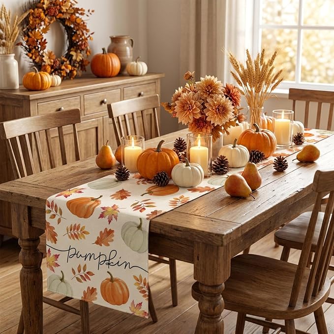Fall Table Runner Decorations, Pumpkin Maple Leaf Thanksgiving Harvest Decor | - Image 8