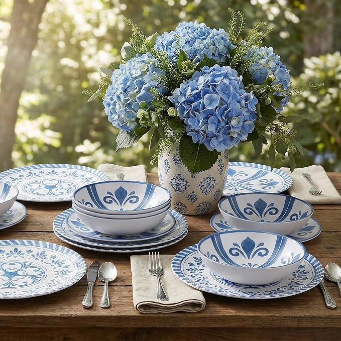 Melamine Dinnerware Sets for 4, 12-Piece Plates and Bowls Sets - Image 2