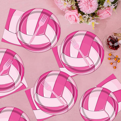 Rakuto Pink Volleyball Party Decorations 96PCS Plates Napkins Set | Pink - Image 6