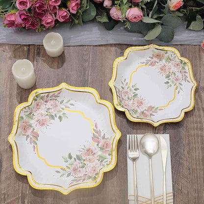 50 Pack 10" White/Gold Floral Print Scallop Rim Dinner Plates, Disposable Round Paper Party Plates 300 GSM for Festive Table Decoration
