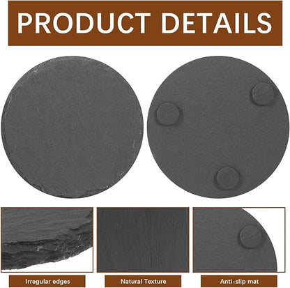 12 PCS Black Natural Slate Coasters Bulk Set 4 Inch Laser Engraving Blanks with Anti Scratch Bottoms for Home, Office, Bar, Gifts Round Coasters