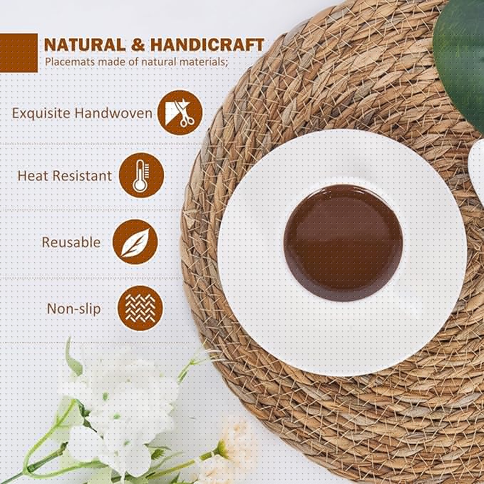 Defined Deco Woven Placemats Set of 10, 13" Round Rattan Placemats,Natural Hand-Woven Water Hyacinth, Farmhouse Weave Place Mats, Rustic Braided Wicker Table Mats for Dining Table, Home, Wedding