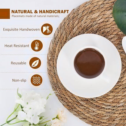 Defined Deco Woven Placemats Set of 10, 13" Round Rattan Placemats,Natural Hand-Woven Water Hyacinth, Farmhouse Weave Place Mats, Rustic Braided Wicker Table Mats for Dining Table, Home, Wedding