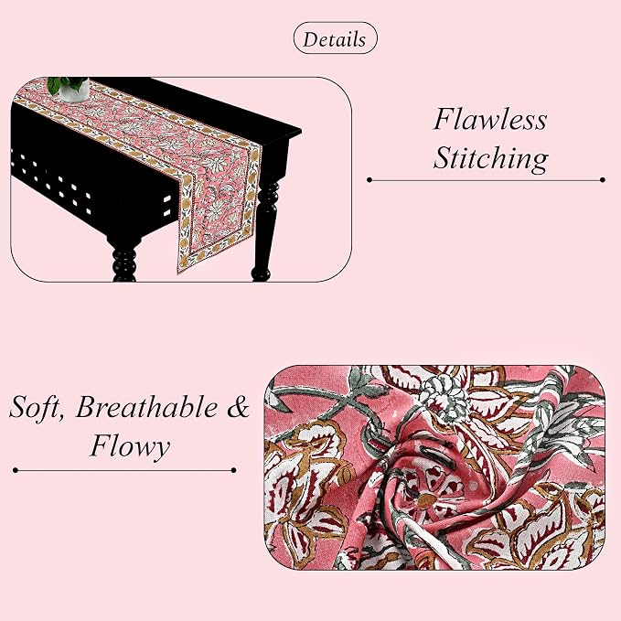 Candy Pink Hand Block Print 100% Cotton Reusable Table Runner 16" X 70" Inches - Image 7