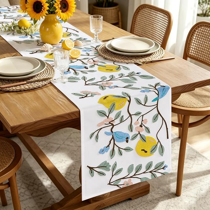 Embroidered Table Runner 14x72 Inch, 3D Textured Lemon Floral Canvas Dresser by yuboohomedecorations
