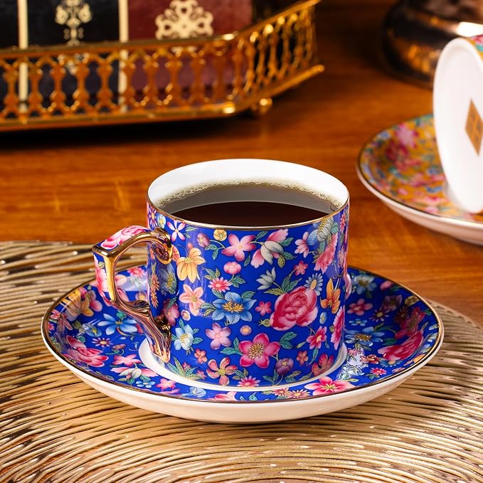 KAMMAK Tea Cup and Saucer, Ceramic Coffee Cups, 6 oz, Afternoon Tea and - Image 3