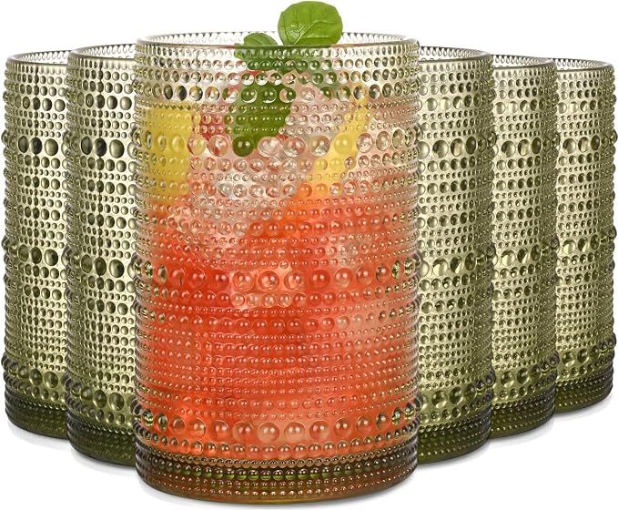 Green Hobnail Drinking Glasses Set of 6, 15 oz Vintage Highball Glasses by JPPSUJJ