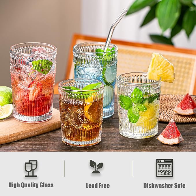 Vintage Drinking Glasses Set of 12, Textured Clear Striped Glass Cups-6 - Image 5