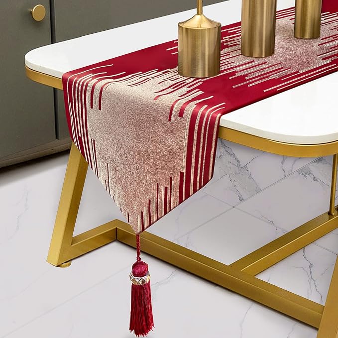Luxury Red Gold Table Runner 72 Inches Long, Modern Abstract Geometric | Faux by Fullony