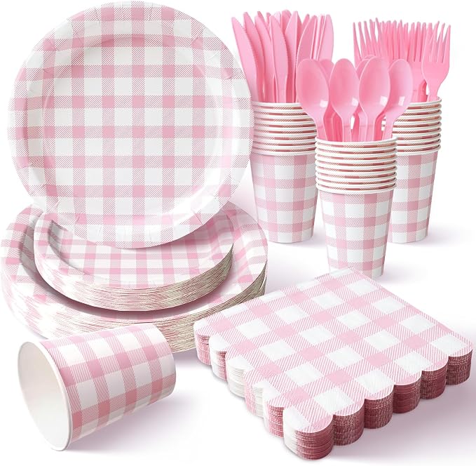 Vyntra 175 Pcs Pink & White Checkered Gingham Paper Plates and Napkins Set by PartyTablewareSupplies
